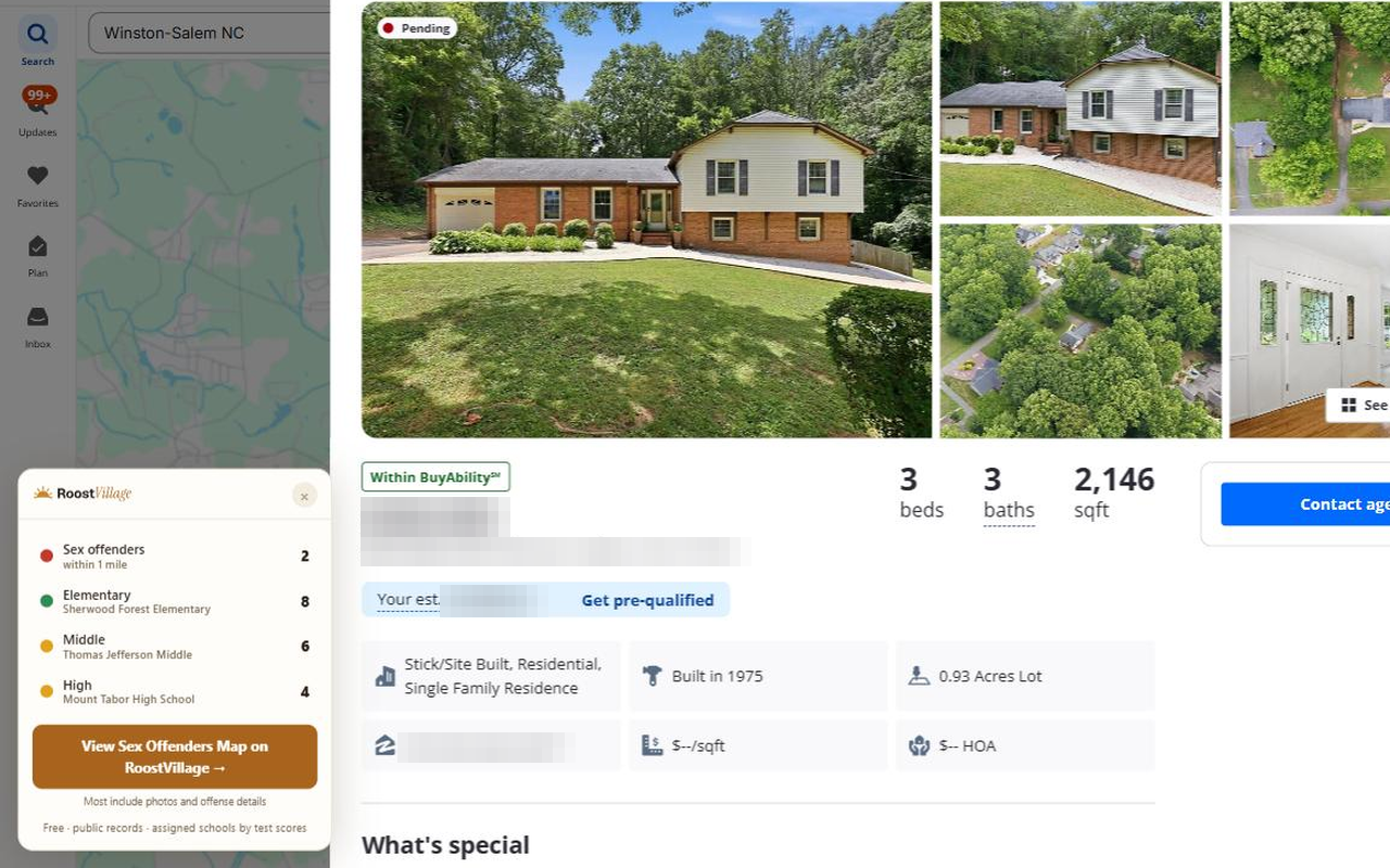 Roost Village plugin panel on a Zillow listing showing 2 sex offenders within a mile and the three assigned schools with ratings
