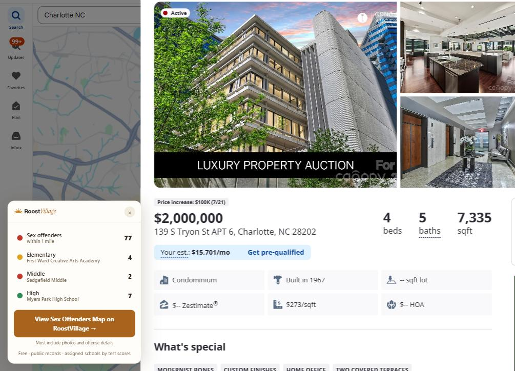 A two million dollar Charlotte penthouse listing with 77 registered sex offenders within a mile shown by the plugin